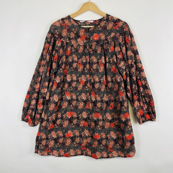 Zara Trafaluc Brown Black Dot Floral Stitch Long Sleeve‎ Blouse Top Womens Small - Picture 1 of 8